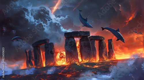 Craft a mesmerizing scene of lava flowing around futuristic robotics rising among the ancient stones of Stonehenge, with ethereal dolphins leaping above the fiery landscape photo