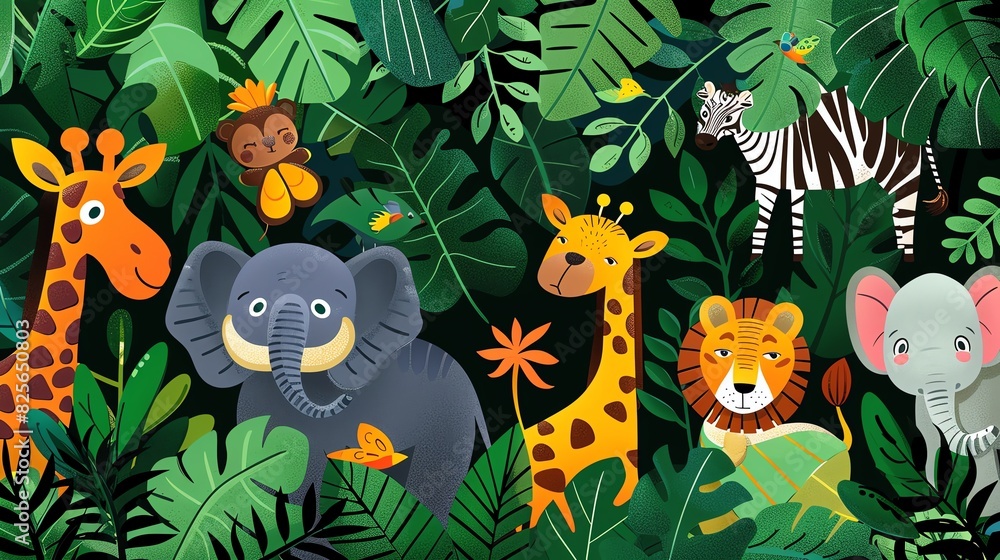 Naklejka premium Wild animals in the jungle flat design top view safari theme cartoon drawing Analogous Color Scheme