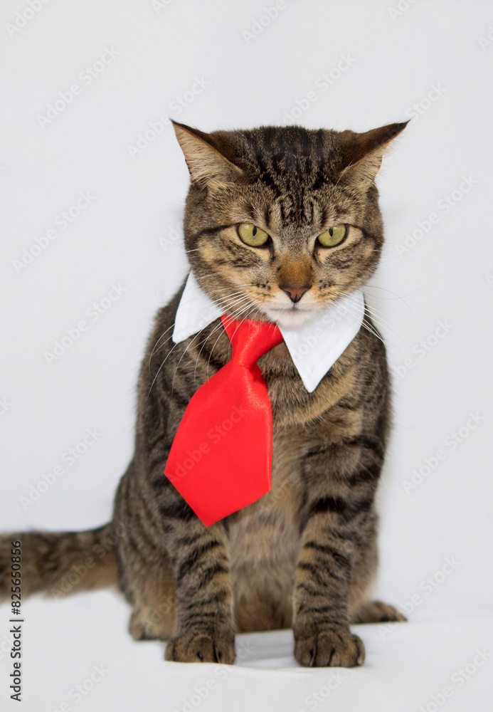 portrait of a cat standing cat with tie on a white background portrait of a cat standing cat with tie on a white background