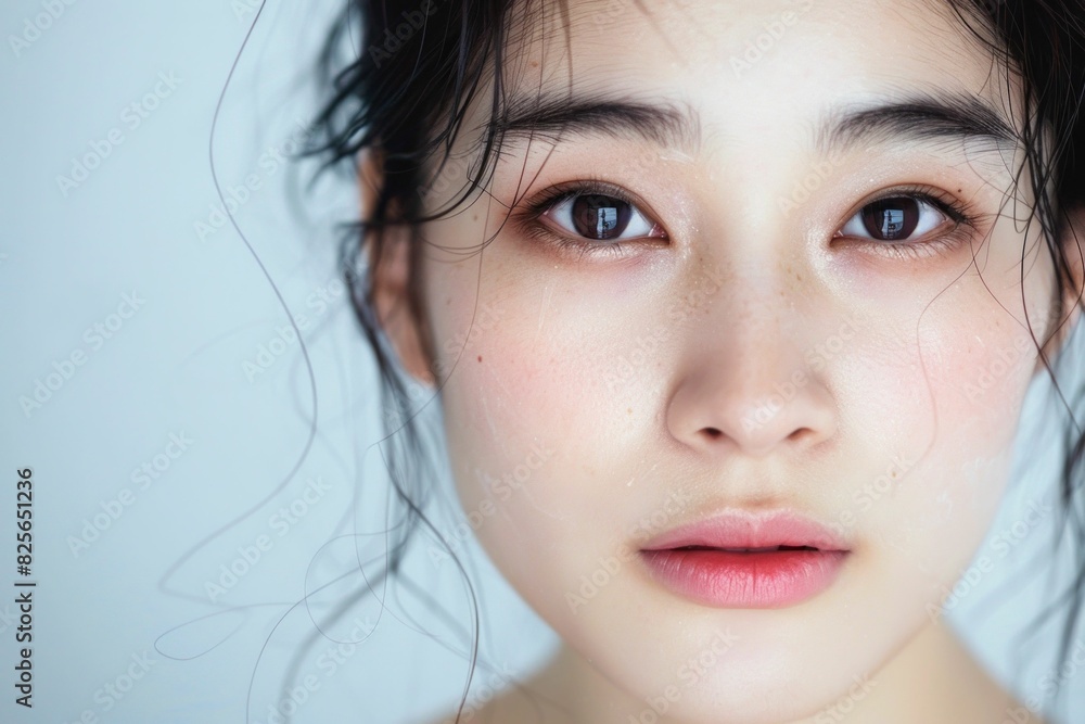 Asian woman with eyes closed in serene meditation on white background for beauty and wellness concept Asian woman with eyes closed in serene meditation on white background for beauty and wellness concept