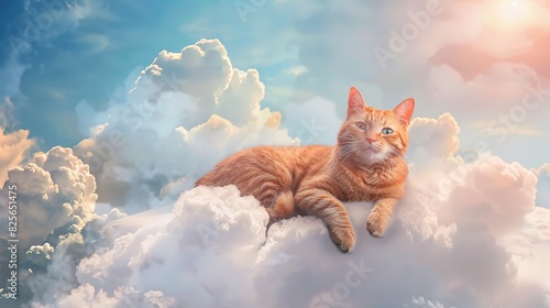 happy ginger cat sitting on a heavenly cloud, made with generative ai photo