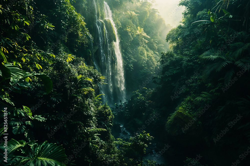 Lush Green Jungle with Waterfall and Dense Vegetation in Sunlight
