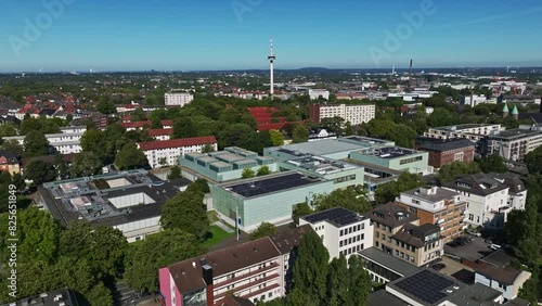 Aerial drone view of Museum Folkwang in Essen, Germany. Museum Folkwang is a major collection of 19th- and 20th-century art.  photo