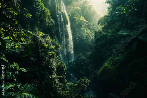Lush Green Jungle with Waterfall and Dense Vegetation in Sunlight