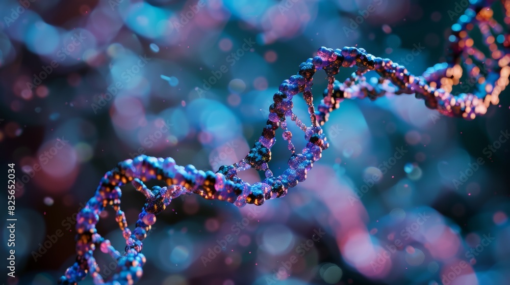 A DNA strand is shown in a blurry, colorful image A DNA strand is shown in a blurry, colorful image