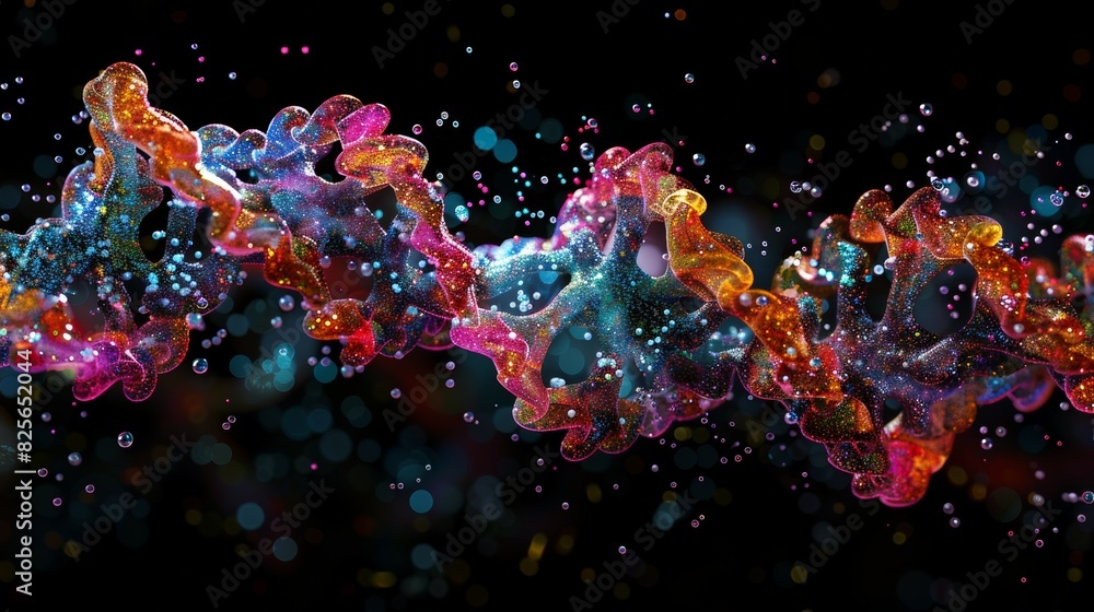 A colorful DNA strand is shown in a black background A colorful DNA strand is shown in a black background
