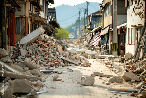 Destroyed houses in the aftermath of an earthquake, showcasing the impact of natural disasters. For educational, environmental awareness, and disaster recovery materials.