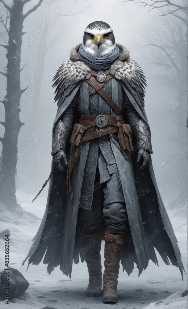 Fototapeta premium illustration of evoking a mix of horror snowy falcon headed witch dressed for winter 