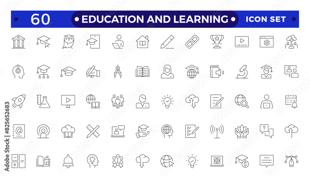 Education and Learning Outline icons set. Education, School, Learning, university, textbook.Containing video tuition, e-learning, online courses, educational websites, and digital education icons. Education and Learning Outline icons set. Education, School, Learning, university, textbook.Containing video tuition, e-learning, online courses, educational websites, and digital education icons.