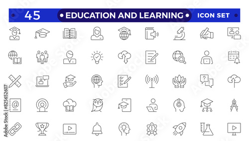 Education and Learning Outline icons set. Education, School, Learning, university, textbook.Containing video tuition, e-learning, online courses, educational websites, and digital education icons.