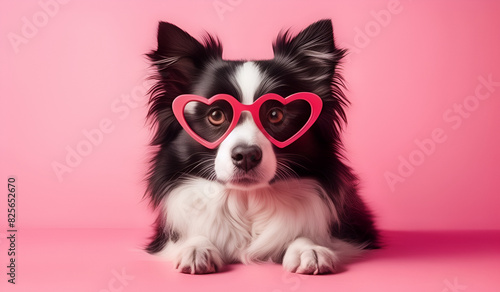 A dog wearing sunglasses with pink frames and a red background. 