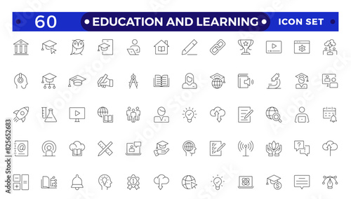 Education and Learning Outline icons set. Education, School, Learning, university, textbook.Containing video tuition, e-learning, online courses, educational websites, and digital education icons.