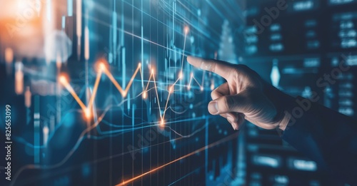 Stock market charts, numbers and orange upward lines, merchants touch their fingers on a virtual screen with a growth graph, arrows pointing upward to business growth, business success ideas