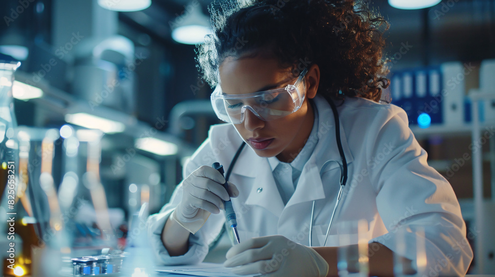 Female scientist writing notes while conducting an experiment Female scientist writing notes while conducting an experiment