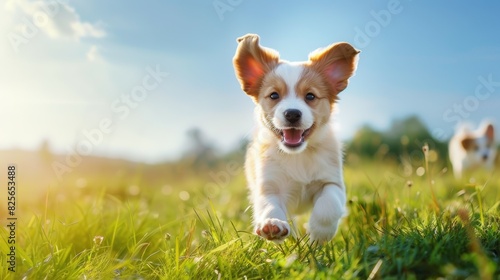 A small dog is running in a field of grass