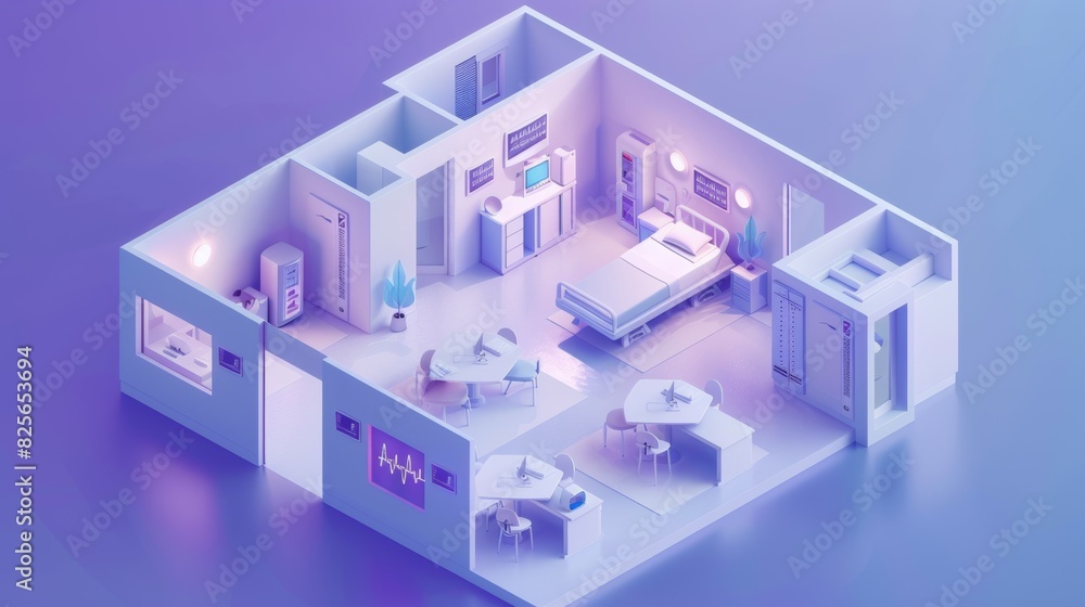 Isometric model of a hospital room with a bed, a desk, and a chair