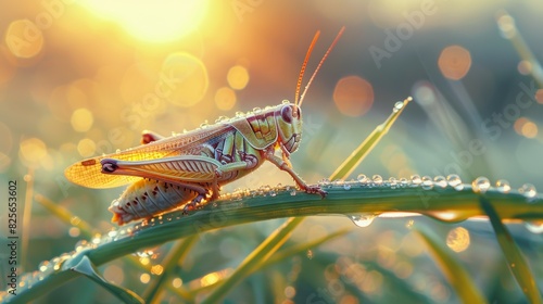 A grasshopper is sitting on a leaf in the grass