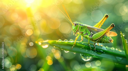 A green grasshopper is sitting on a leaf