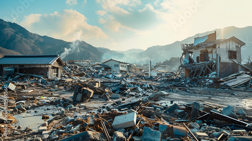 Aftermath of a devastating earthquake in a valley surrounded by mountains, intended for scientific publications and analytical materials on seismic activity. Concept: Aftermath of natural disasters photo