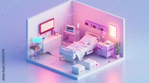 A hospital room with a bed, a chair, a desk, a computer, a potted plant, isometric style