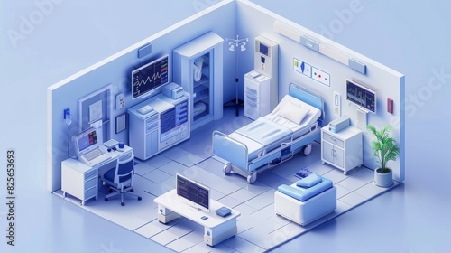 A hospital room with a bed, a desk, chair, a couch, and a potted plant, isometric style