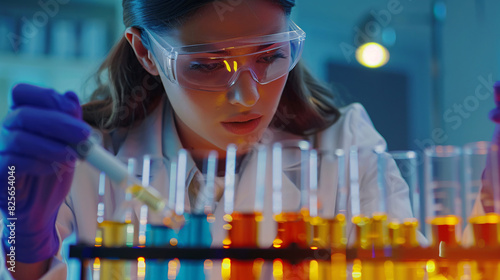 Laboratory technician analyzing chemical reactions in test tubes