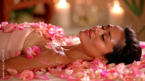 A woman is laying on a bed with pink flowers on her body, massage and spa concept