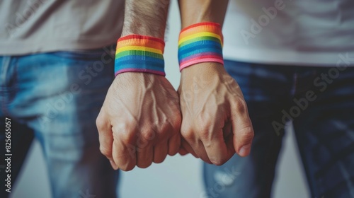 Two men are holding hands and wearing rainbow wristbands, lgbt support concept © top images