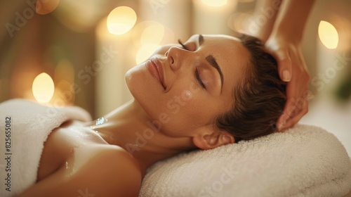 A woman is getting a massage on a white towel  massage and spa concept