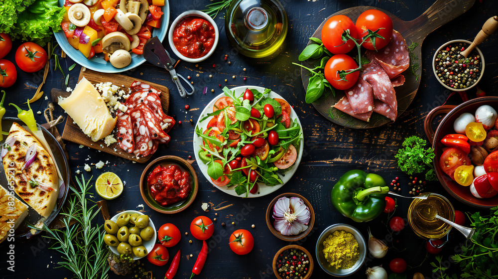 A vibrant spread of assorted Italian dishes, fresh vegetables, cured meats, cheeses, and herbs on a dark background. Symbolizes Italian culinary tradition and communal dining. Ideal for food festivals