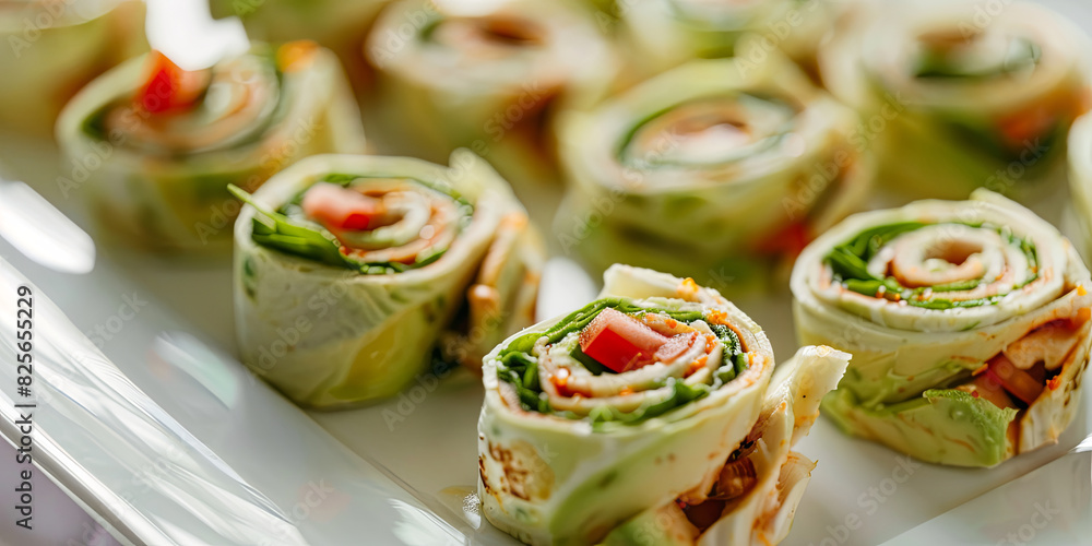 close up of chicken pinwheels with avocado and tomato, generative AI close up of chicken pinwheels with avocado and tomato, generative AI