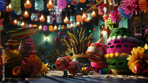 A festive Cinco de Mayo scene with colorful pi?+/-atas, maracas, and sombreros.