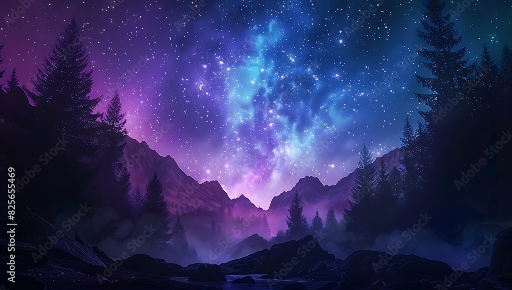 A purple and blue galaxy sky fills the image, with trees and mountains below. A purple and blue galaxy sky fills the image, with trees and mountains below.