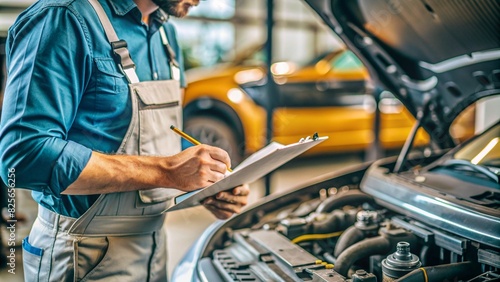 Closeup car repairman writing job checklist on clipboard and standing in front of open car engine, generative ai