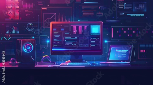 computer with software system update and development concept  vector flat design illustration