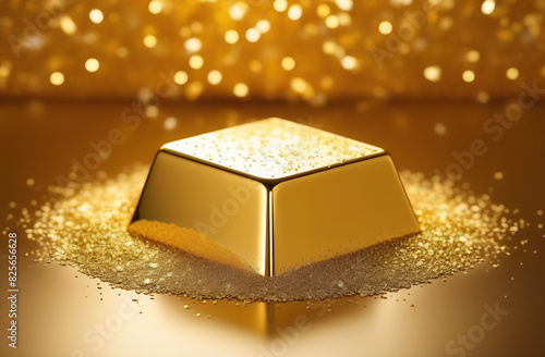 A gold bar on a light background and confetti. A beautiful concept of wealth, gifts and New Year