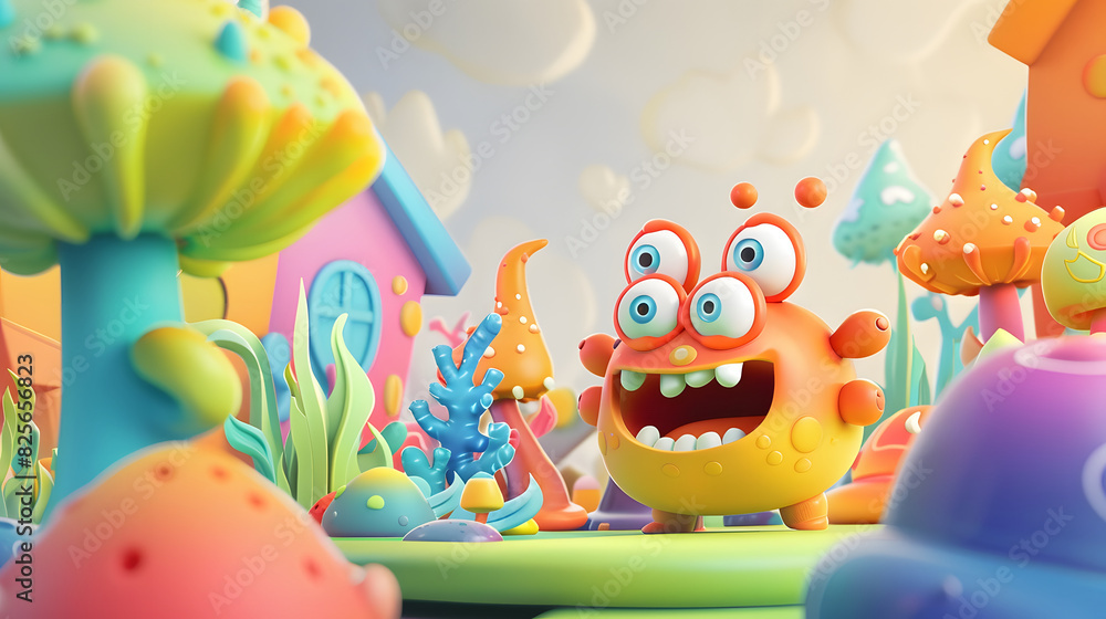 Naklejka premium A colorful cartoon monster is standing in a field of flowers and mushrooms