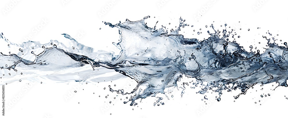 A white background with a large blue wave in the foreground and smaller droplets spreading out from it. A white background with a large blue wave in the foreground and smaller droplets spreading out from it.