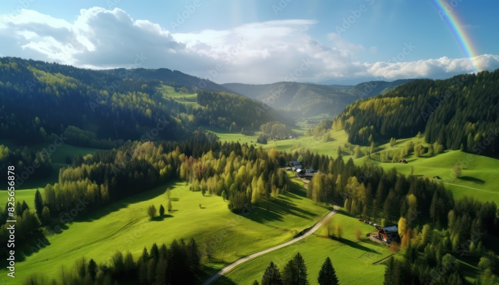 Obraz premium Stunning spring views of the countryside and green grass and beautiful flowers, with rolling hills and fertile soil, against a backdrop of vast mountains