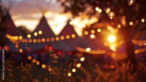 The sun sets behind a row of tipis casting a warm and inviting glow over the festival as it continues into the night.