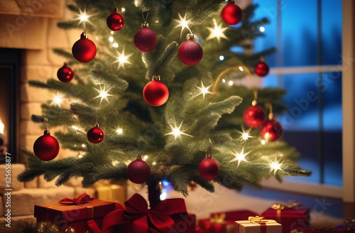 Christmas tree with red balls and glowing lights in the warm living room