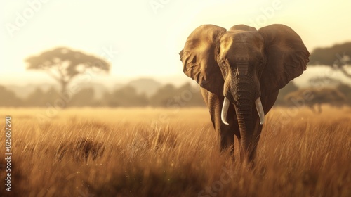 A large elephant is walking through a field of tall grass © Space Priest