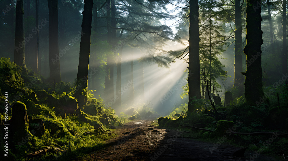 A path in the forest with sun rays coming through the trees
