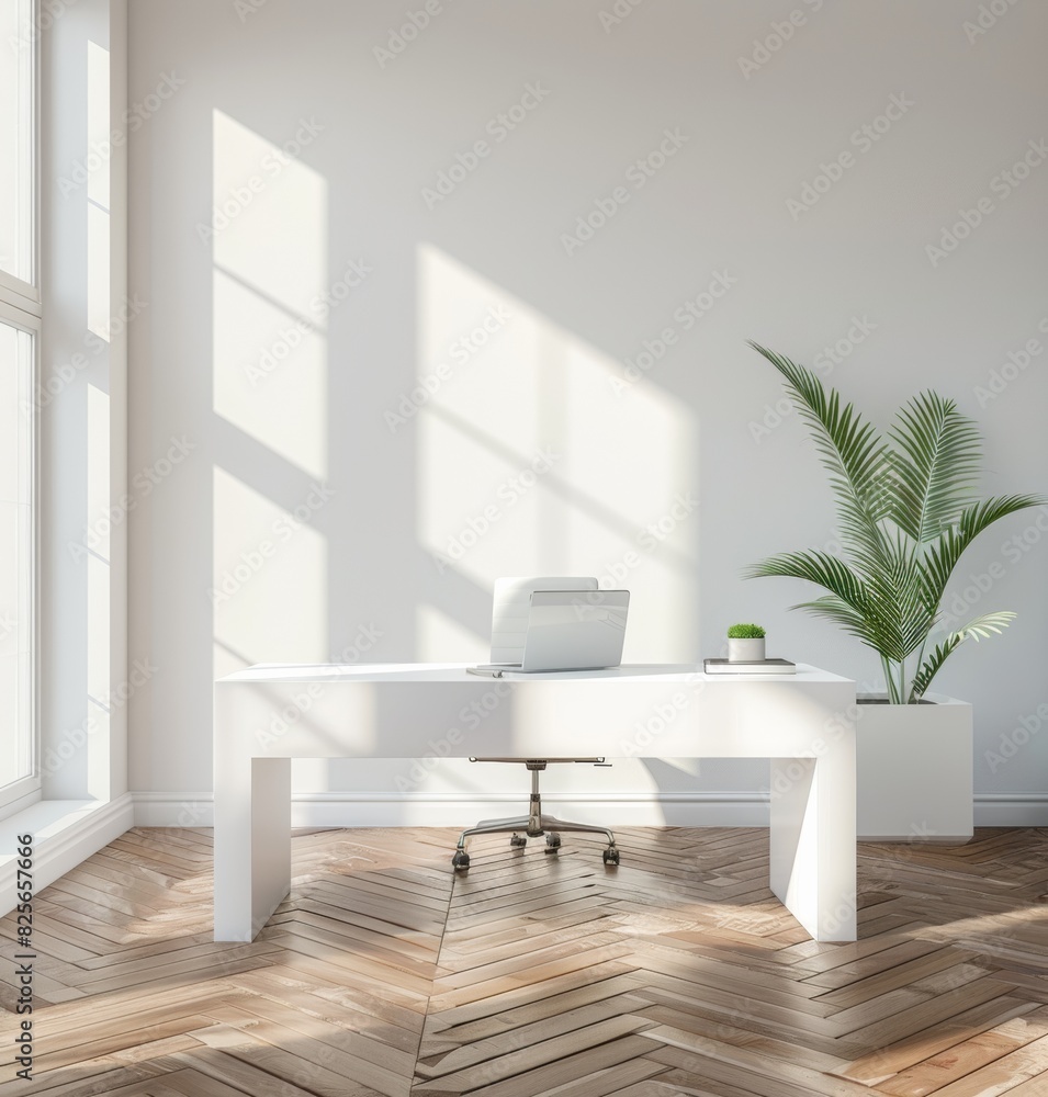 Fototapeta premium white modern desk sits in the middle of an empty room with a parquet floor