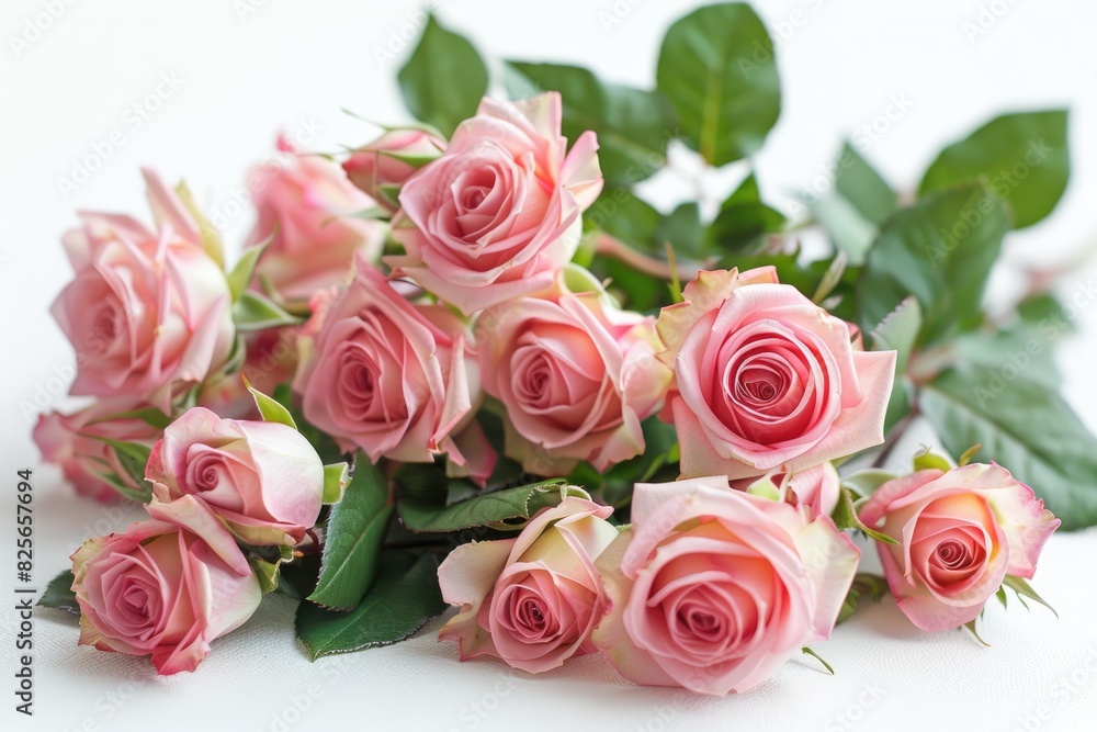a bouquet pink roses flower and green leaves on white background a bouquet pink roses flower and green leaves on white background