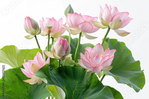 A bouquet lotus flower and leaves on white background
