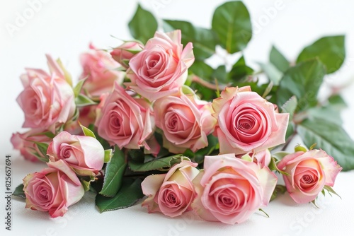 a bouquet pink roses flower and green leaves on white background