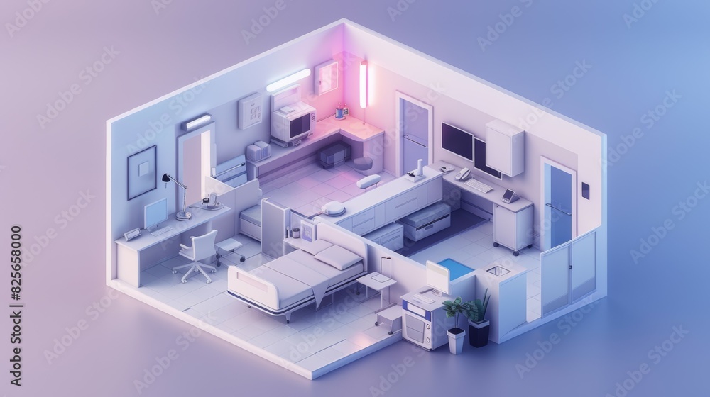 A hospital room with a bed, desk, a chair, a television, and a potted plant, isometric style