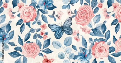 Wallpaper Mural butterfly and rose flower seamless background watercolor style  Torontodigital.ca