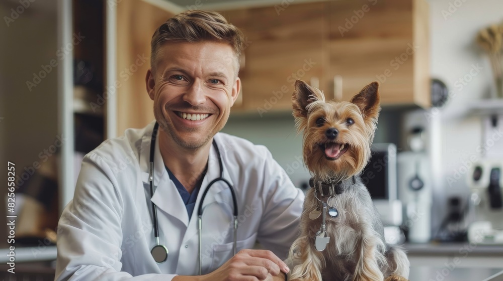 Doctor smiling beside a small dog on the examination table in a clinic. comforting and professional, ensuring a positive experience for both pets and their owners. Doctor smiling beside a small dog on the examination table in a clinic. comforting and professional, ensuring a positive experience for both pets and their owners.